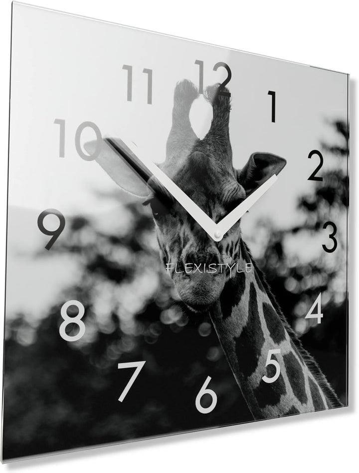 FLEXISTYLE Wanduhr Eckig Wohnzimmer 30 x 30 cm, aus Glas, mit Direktdruck modern ohne tickgeräusche
