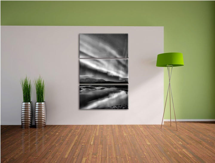 Pixxprint Monocrome, Polarlichter in Skandinavien 3-Teiler Leinwandbild 120x80 Bild auf Leinwand