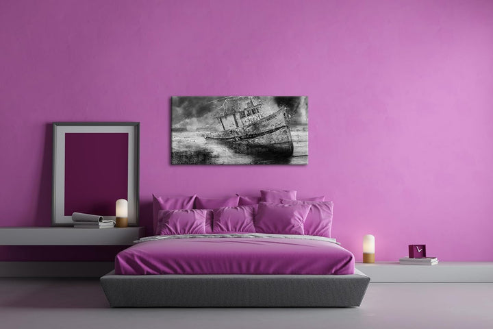 Stürmische Schiffsfahrt Panorama 80x40 cm Effekt: Schwarz/Weiss als Leinwandbild, Motiv fertig gerah