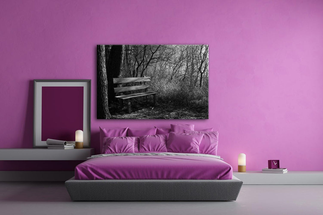 deyoli einsame Bank im Wald Format: 60x40 Effekt: Schwarz/Weiss als Leinwandbild Motiv fertig gerahm