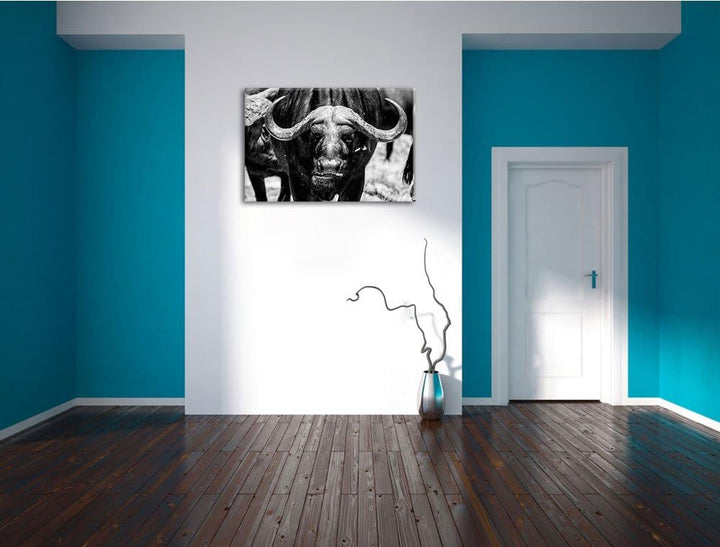 Wasserbüffel Schwarz/weiss Format: 100x70 auf Leinwand, XXL riesige Bilder fertig gerahmt mit Keilra