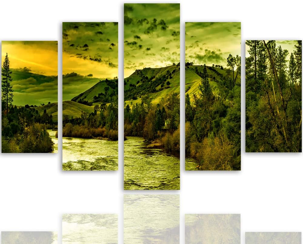 Bilder Natur 250x120 cm - Leinwandbild 5 Teilig XXL Kunstdruck Fluss Wald grün Leinwandbild XXL 250x