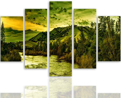 Bilder Natur 250x120 cm - Leinwandbild 5 Teilig XXL Kunstdruck Fluss Wald grün Leinwandbild XXL 250x
