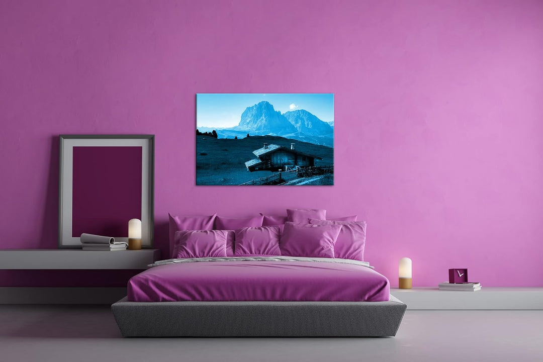 deyoli Holzhütte im Gebirge Format: 80x60 Effekt: Monocrome Blau als Leinwandbild, Motiv fertig gera