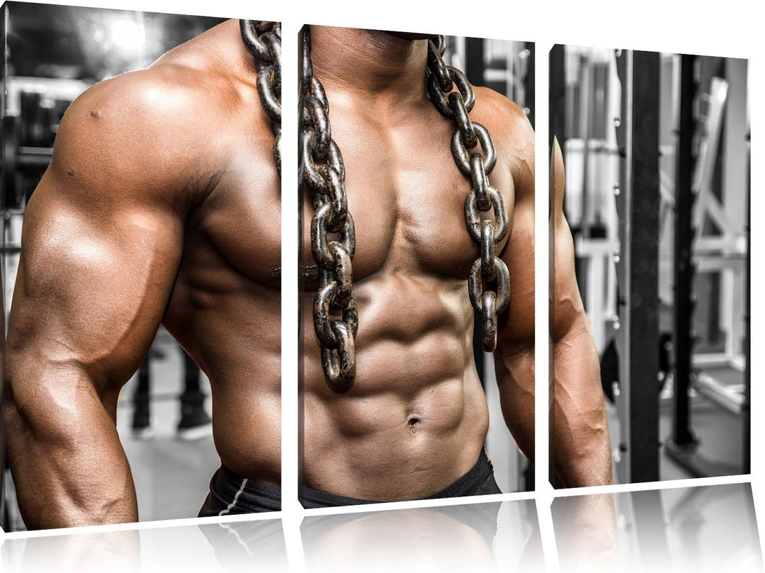 Muskelpaket mit Kette schwarz/weiss 3-Teiler Leinwandbild 120x80 Bild auf Leinwand, XXL riesige Bild