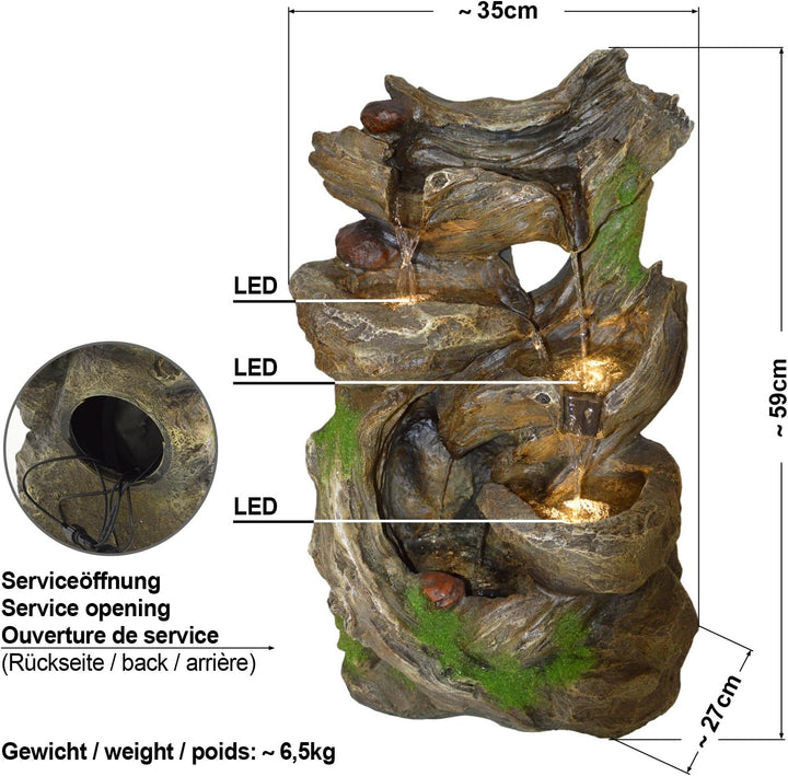 Amur Gartenbrunnen Brunnen Zierbrunnen Zimmerbrunnen Brunnen mit LED-Licht 230V Wasserfall Wasserspi