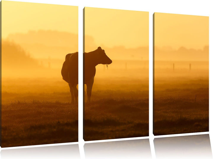 Pixxprint eine fressende Kuh auf der Weide als Leinwandbild - Grösse: 3-Teilig (120x80cm) - Wandbild