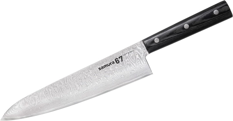 SAMURA Damascus 67 - Kochmesser 8.2"/208 mm 67 Lagen + Innovative Verpackung mit schärfendem Papier.
