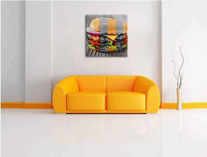 Pixxprint Saftiger Cheeseburger als Leinwandbild/Grösse: 70x70 cm/Wandbild/Kunstdruck/fertig bespann