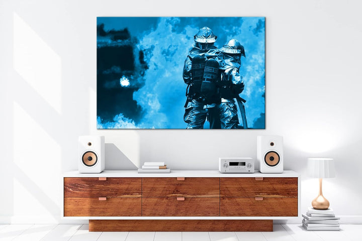deyoli Feuerwehrmänner mit Flammen Format 80x60 Effekt: Monocrome Blau als Leinwandbild, Motiv ferti
