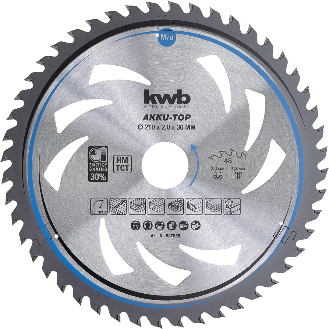 kwb Kreissägeblatt 210 x 30 mm, leichtgängig, speziell für Akkumaschinen, Sägeblatt geeignet für Wei