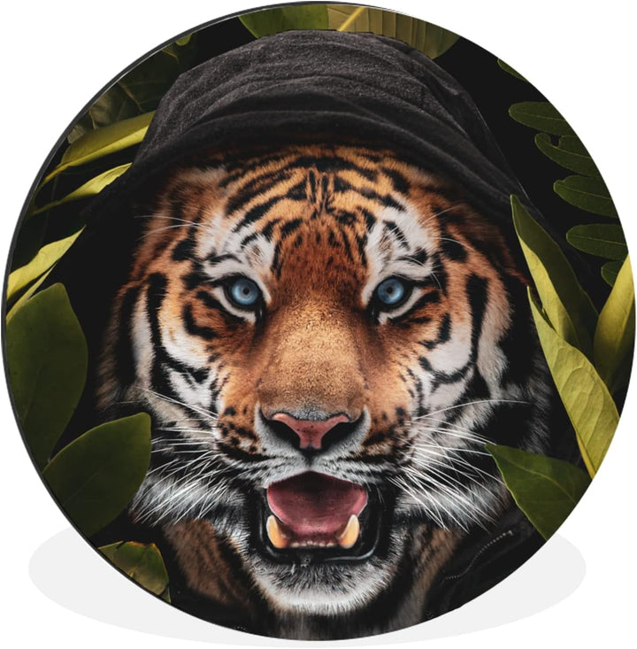 MuchoWow Wandbild Rund Wanddeko Deko Wohnzimmer Bilder 90x90 cm Tiger - Dschungel - Blätter, 90x90 c