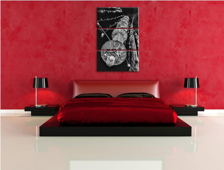 Pixxprint Monocrome, traditionelle chinesische Lampions 3-Teiler Leinwandbild 120x80 Bild auf Leinwa