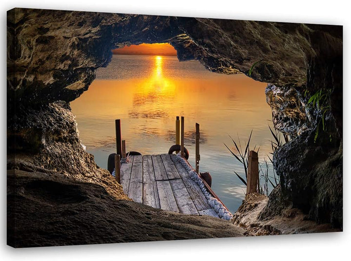 Feeby Leinwandbild XXL Höhle Illusion Wandbild Kunst Sonnenuntergang Orange 120x80 cm Leinwandbild 1