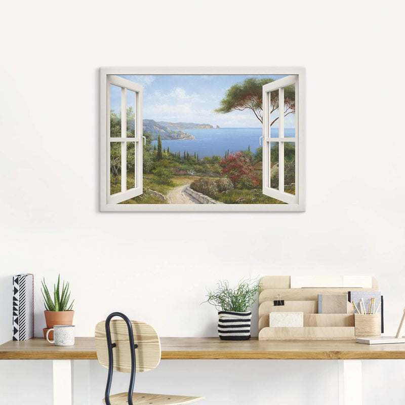 ARTland Leinwandbild Wandbild Bild auf Leinwand 70x50 cm Wanddeko Fensterblick Fenster Küste Meer Bu