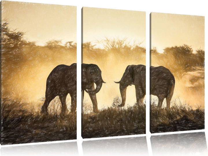 Pixxprint kämpfende Elefanten / 3-Teilig/Gesamtmass 120cm Leinwandbild bespannt auf Holzrahmen/Wandb