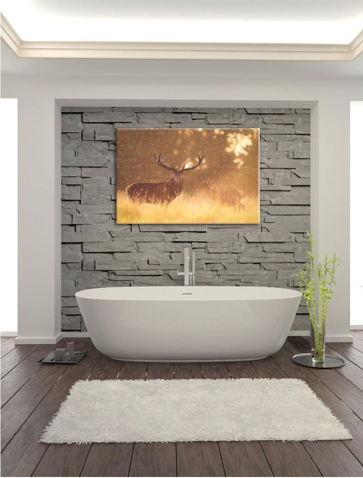 Pixxprint Rotwild im goldenen Morgenlicht als Leinwandbild | Grösse: 100x70 cm | Wandbild | Kunstdru