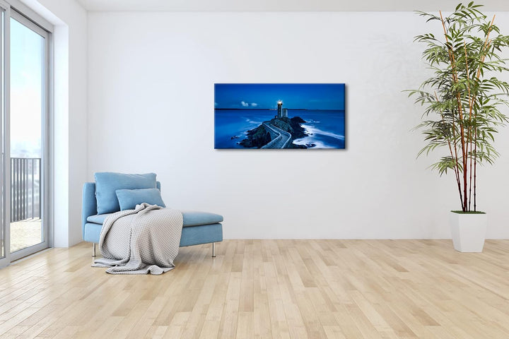 Leuchtturm bei Nacht Panorama 120x60 cm als Leinwandbild, Motiv fertig gerahmt auf Echtholzrahmen, H