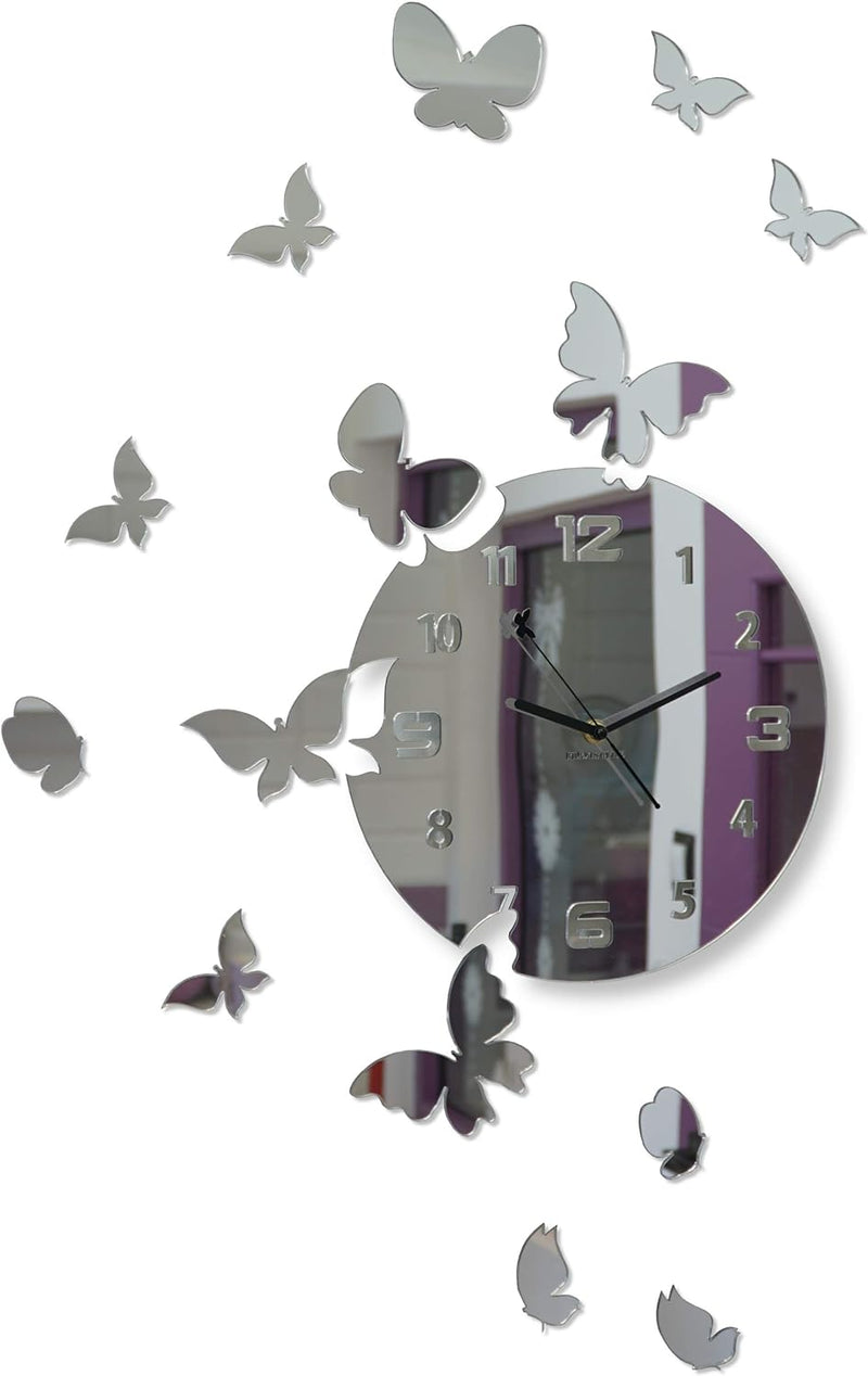 FLEXISTYLE Grosse Moderne Wanduhr Schmetterling rund 30cm, 15 Schmetterlinge, Wohnzimmer, Schlafzimm