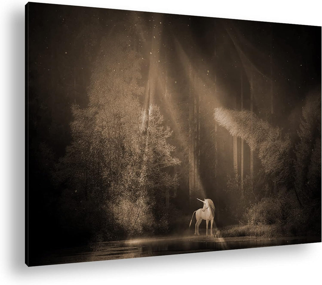 deyoli Einhorn auf einer Waldlichtung Format: 80x60 Effekt: Sepia als Leinwandbild, Motiv fertig ger