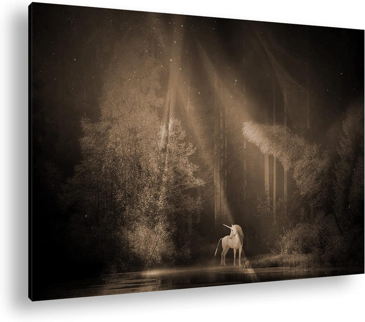 deyoli Einhorn auf einer Waldlichtung Format: 80x60 Effekt: Sepia als Leinwandbild, Motiv fertig ger