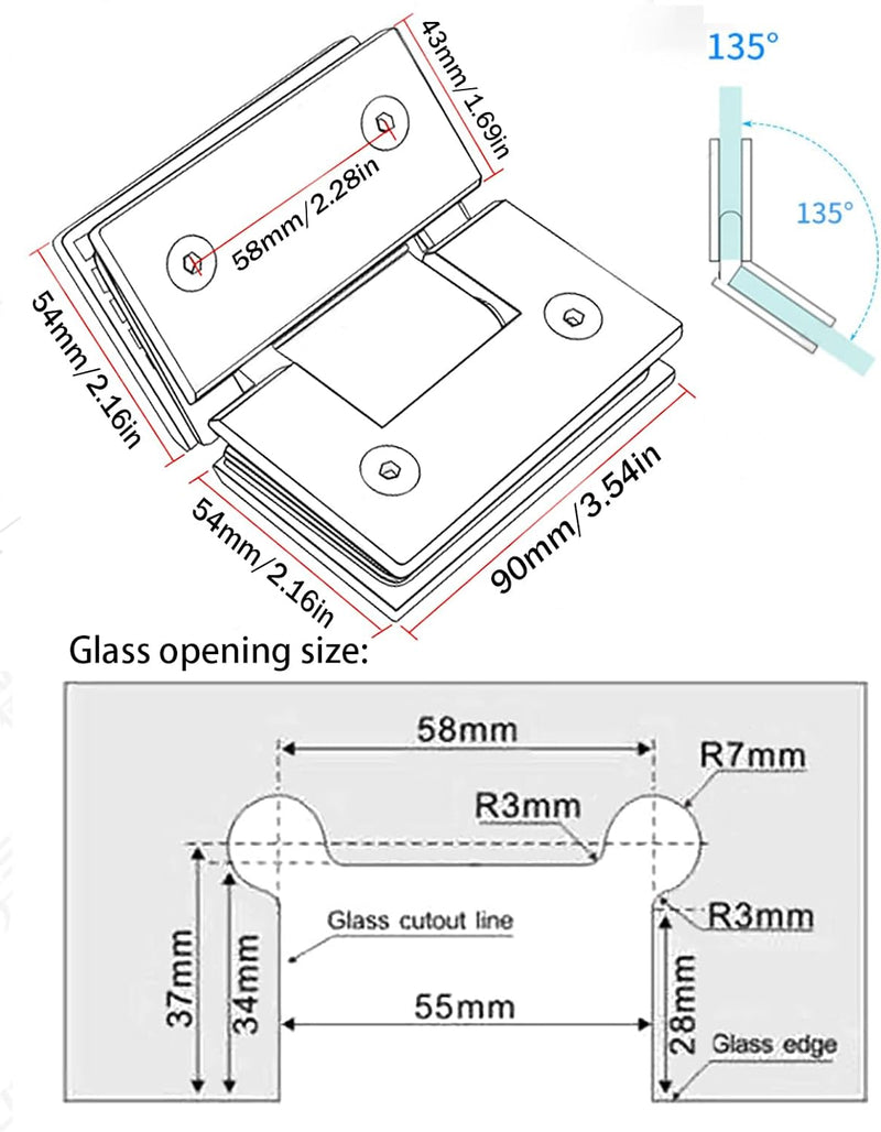 Glasduschtürscharniere, 135 Grad Heavy Duty rahmenlose Glastürscharniere Ersatzteile mit Befestigung