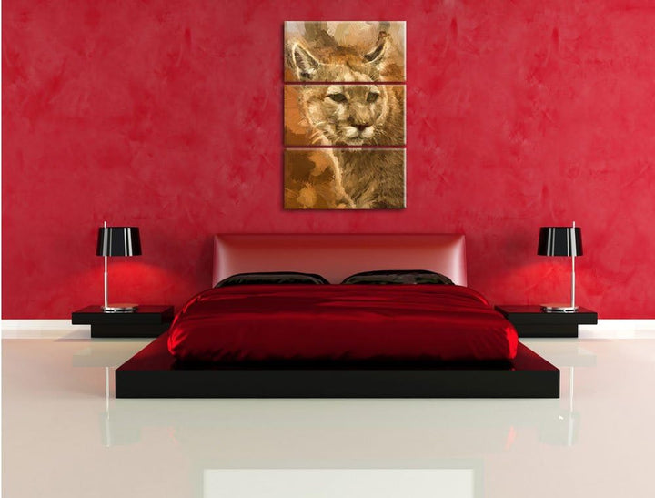 Pixxprint schöner Berglöwe Kunst Pinsel Effekt 3-Teiler Leinwandbild 120x80 Bild auf Leinwand