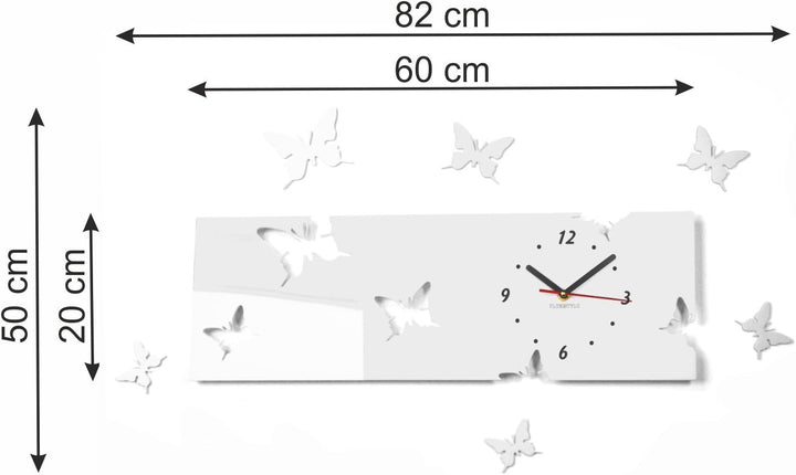 FLEXISTYLE Grosse Moderne Wanduhr Schmetterling Weiss Querformat 20 x 60 cm, 3D DIY, Wohnzimmer, Sch