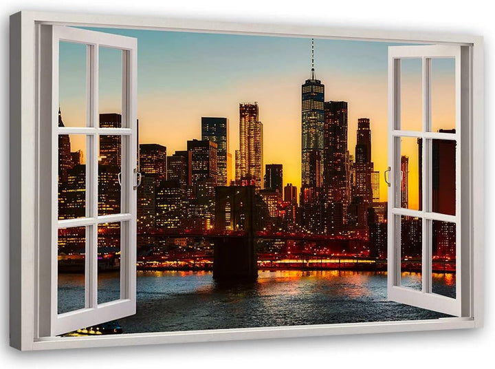 Feeby Wandbild Manhattan Druckbild Leinwandbild Fenster-Illusion Braun 90x60 cm Leinwandbild 90x60 c