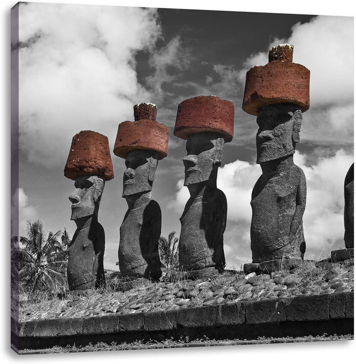 Pixxprint Moai Statuen auf den Osterinseln schwarz/weiss, Format: 70x70 auf Leinwand, 70x70