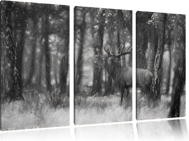 Pixxprint röhrender Hirsch als Leinwandbild | Grösse: 3 Teilig (120x80) | Wandbild| Kunstdruck | fer