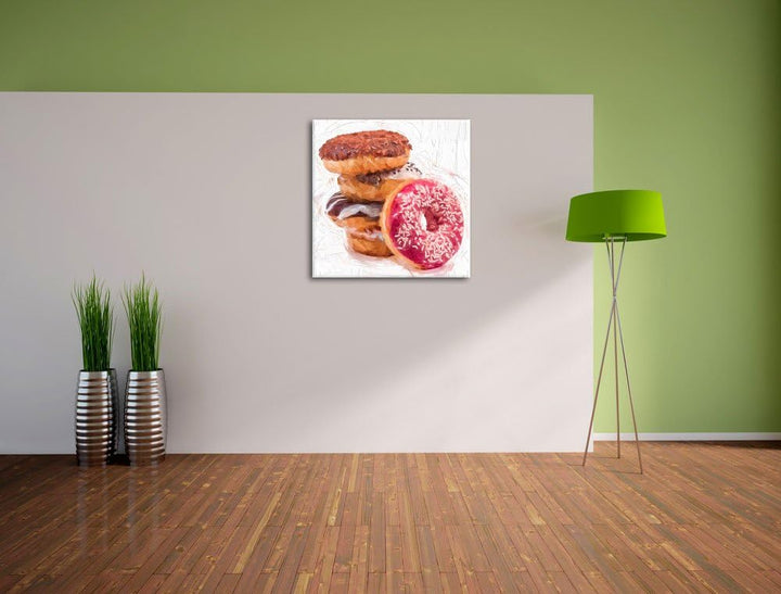 Süsse Donuts Pinsel Effekt, Format: 70x70 auf Leinwand, XXL riesige Bilder fertig gerahmt mit Keilra