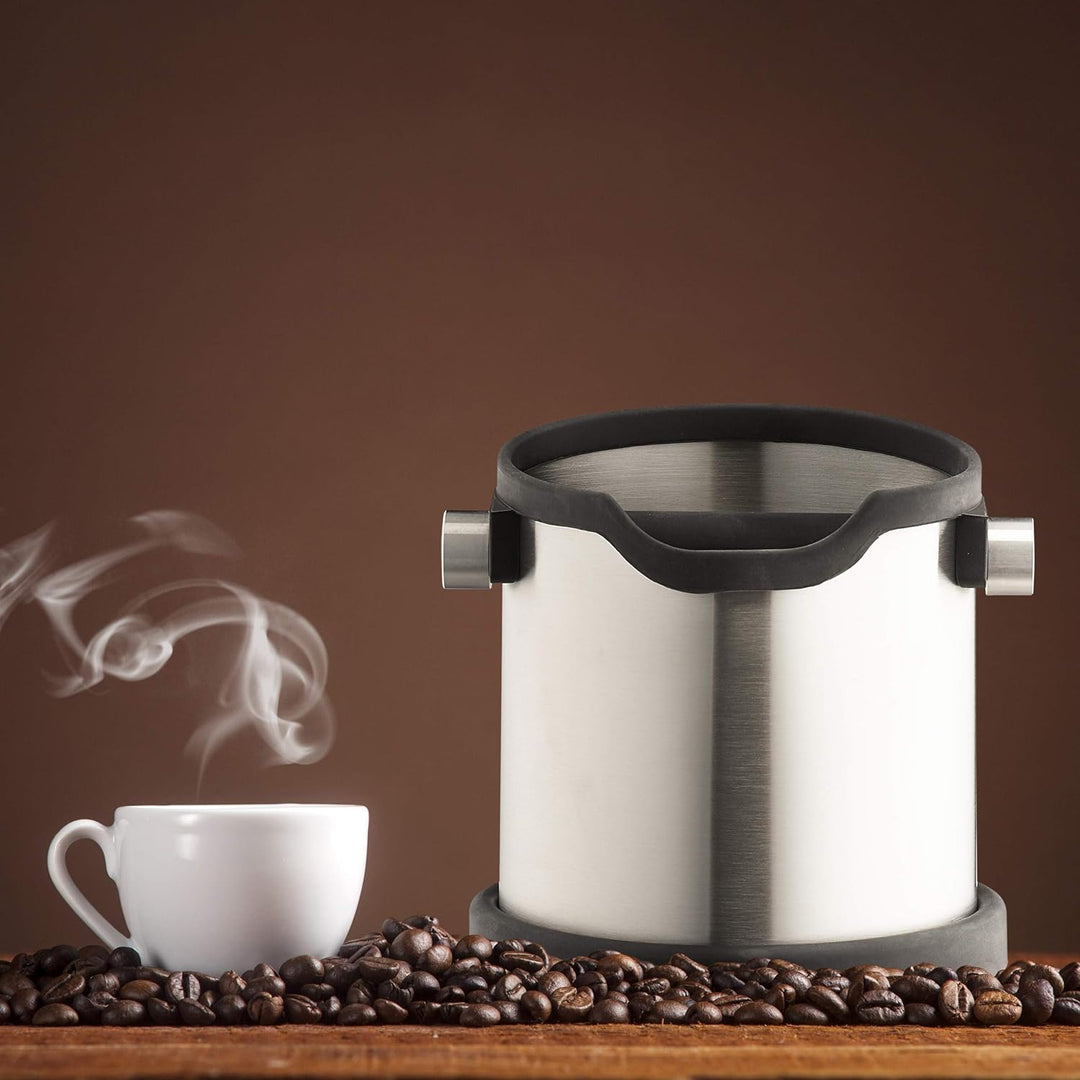 Relaxdays Abklopfbehälter Kaffeesatz, Gummi-Abklopfstange, für Siebträgermaschine, Abschlagbehälter,