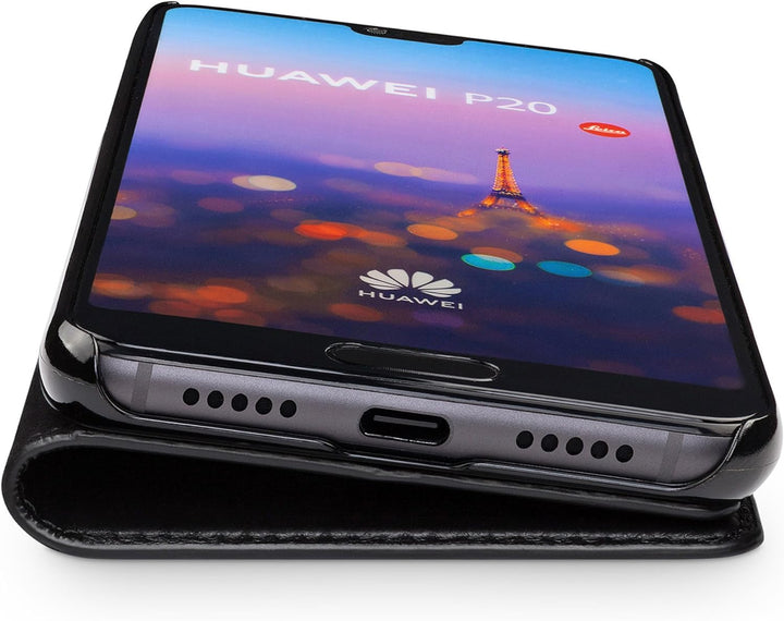 WIIUKA Echt Ledertasche -TRAVEL- für Huawei P20 mit Kartenfach, extra Dünn, Tasche Schwarz Premium D