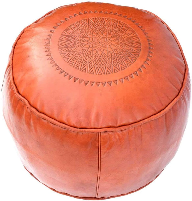 Orientalischer Leder Pouf Rund Orange Sitzkissen Sitzpouf Sitzwüfel Hocker Bodenkissen, 44x33 cm, in