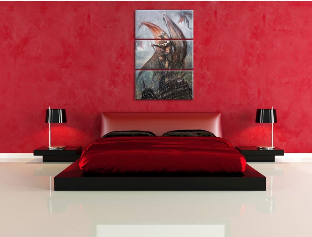 Pixxprint Fiktiver Drachenmann auf der Spitze der Stadt Kunst Buntstift Effekt 3-Teiler Leinwandbild