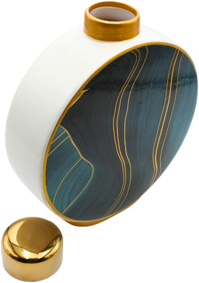 Hochwertige runde Keramik Vase mit goldenem Deckel, veschiedenen Blautönen und goldenen Akzenten, Gr