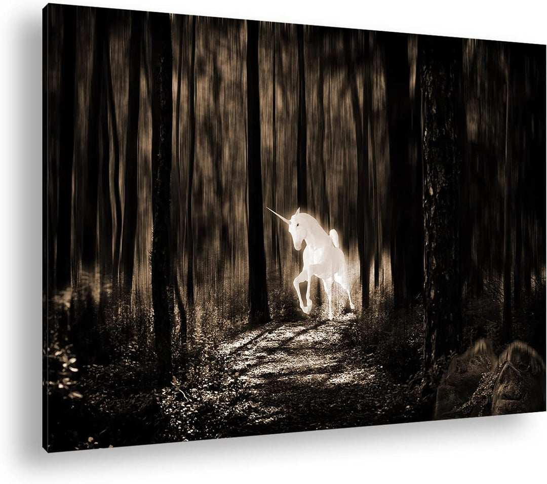 deyoli Einhornerscheinung im Wald Format: 80x60 Effekt: Sepia als Leinwandbild, Motiv fertig gerahmt