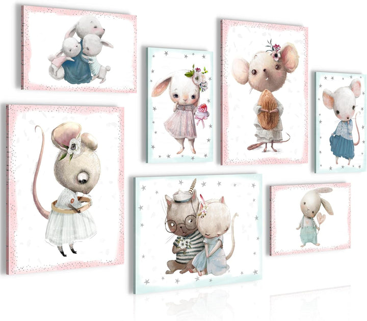 Novart Wandbilder Tiere - KOMPLETT AUFHÄNGFERTIG - Mäuse Rosa Kinderzimmer Mädchen- 7 Moderne Mood-B