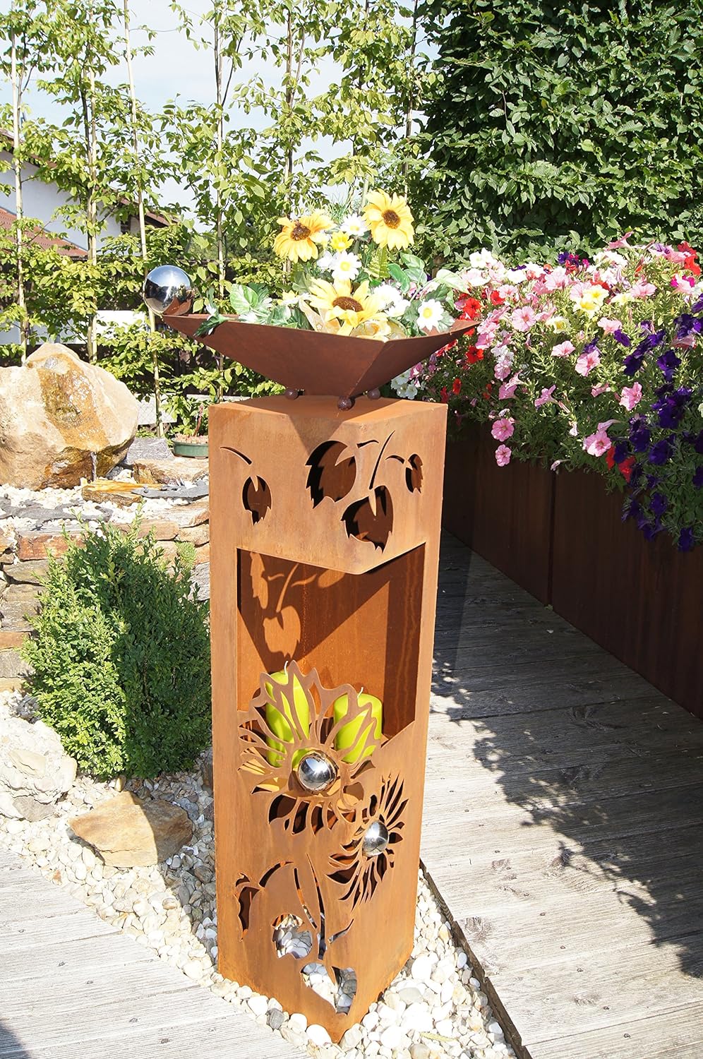 Feuersäule Sonnenblume Edelrost Rost Metall Gartendeko Garten Stele Fackel Feuer Säule