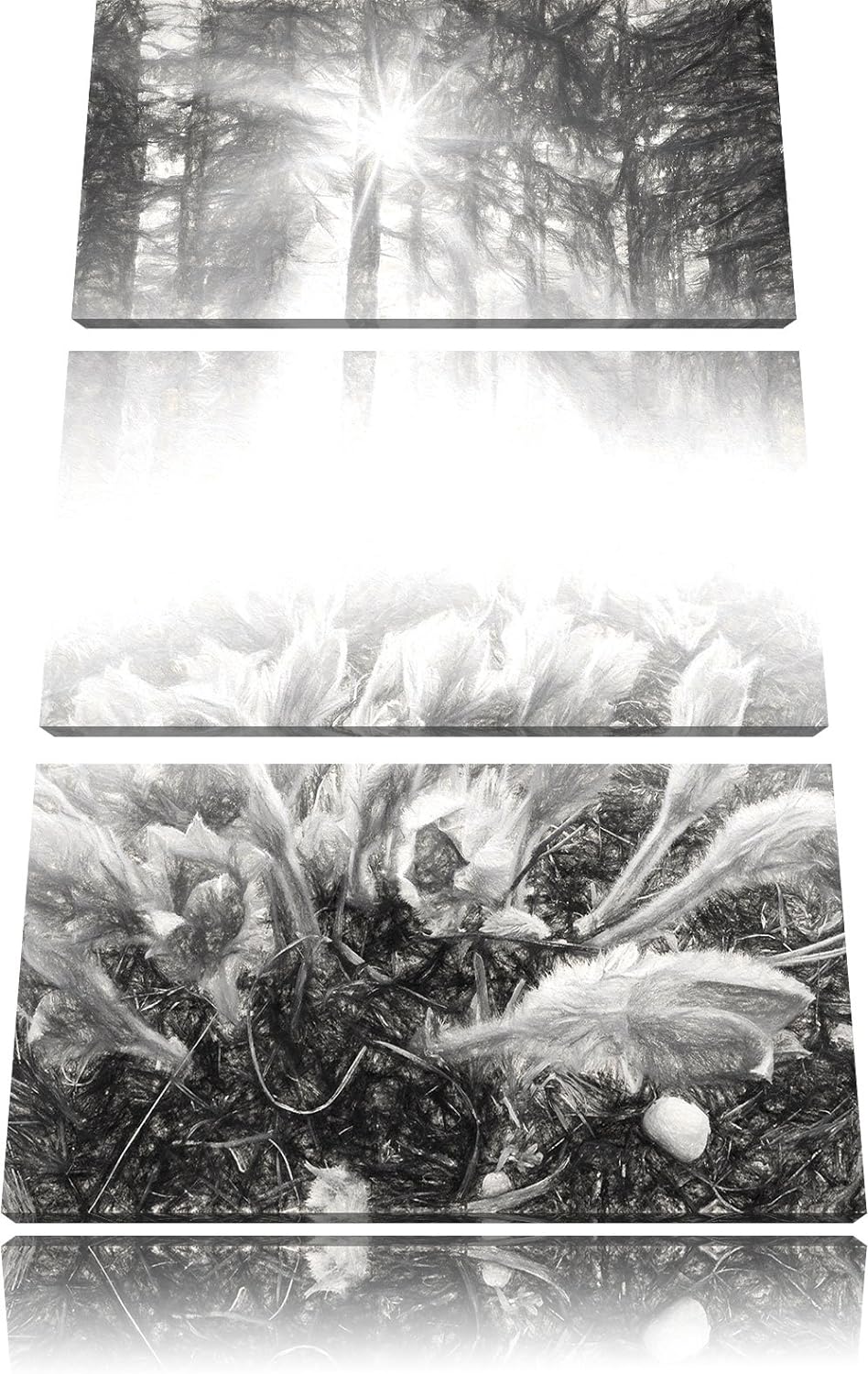 Pixxprint blühende lila Blumen im Wald Kunst Kohle Effekt 3-Teiler Leinwandbild 120x80 Bild auf Lein