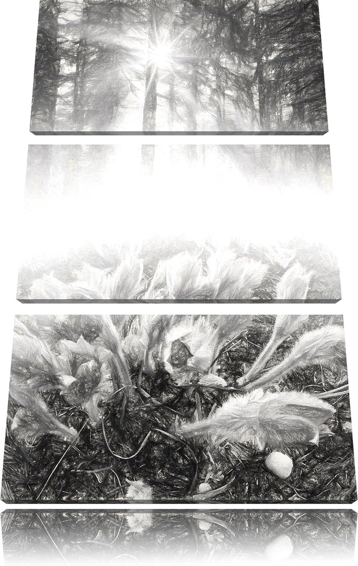 Pixxprint blühende lila Blumen im Wald Kunst Kohle Effekt 3-Teiler Leinwandbild 120x80 Bild auf Lein