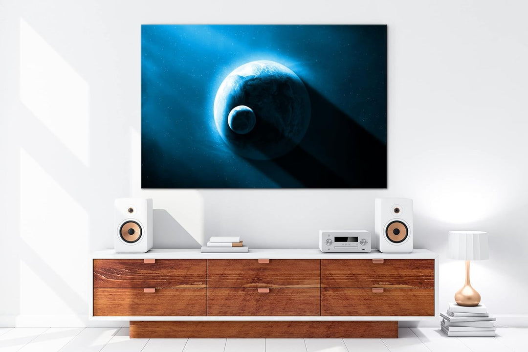 deyoli Dark Planet Erde mit Mond Format 80x60 Effekt: Monocrome Blau als Leinwandbild, Motiv fertig