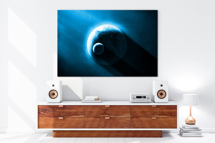 deyoli Dark Planet Erde mit Mond Format 80x60 Effekt: Monocrome Blau als Leinwandbild, Motiv fertig