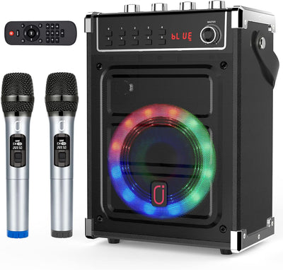 JYX Karaoke-Maschine mit 2 UHF-Funkmikrofonen, Bluetooth-Lautsprecher mit Bass-/Höhen-Einstellung un