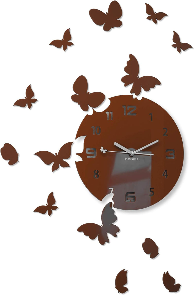 FLEXISTYLE Grosse Moderne Wanduhr Schmetterling rund 30cm, 15 Schmetterlinge, Wohnzimmer, Schlafzimm