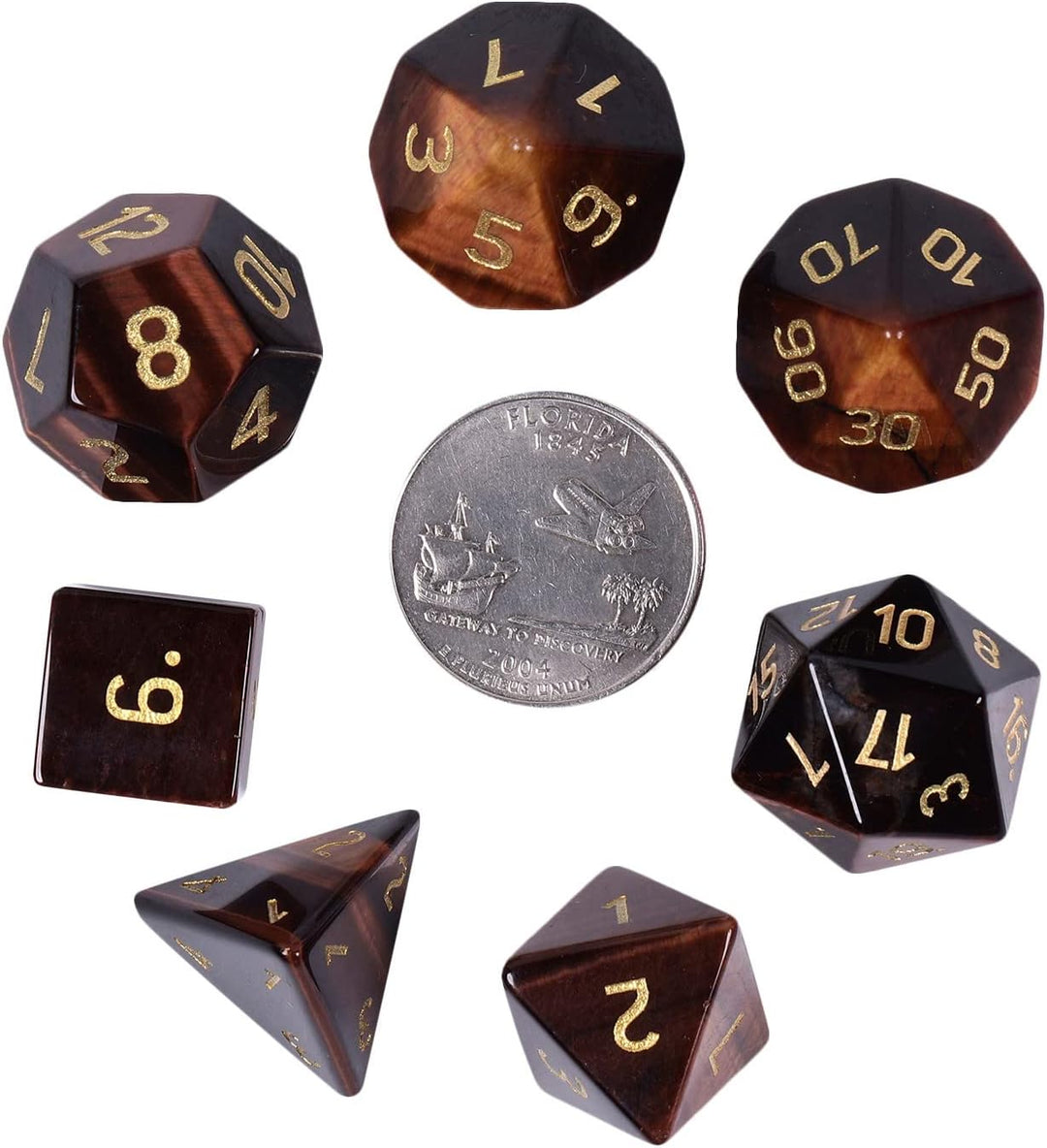 KYEYGWO Rotes Tigerauge Kristall Polyedrische Würfel Set, 7pcs Reiki Heilung Stein Polyedrischer Spi