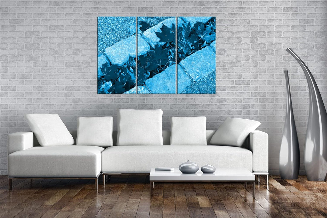 gelbe Ahornblätter auf dem Weg Format 120x80 3Teilig Effekt: Monocrome Blau als Leinwandbild, Motiv