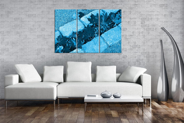 gelbe Ahornblätter auf dem Weg Format 120x80 3Teilig Effekt: Monocrome Blau als Leinwandbild, Motiv