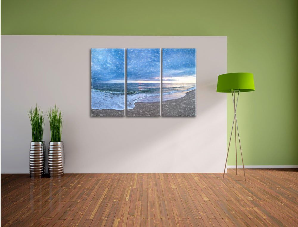 Pixxprint Strandufer Kunst Buntstift Effekt 3-Teiler Leinwandbild 120x80 Bild auf Leinwand